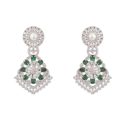 Silver and Green CZ Stone-Plated Designer Necklace Set with Matching Earrings for Women