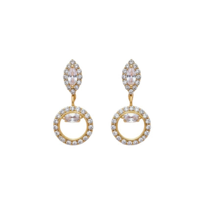 "Gold-plated diamond necklace set with circular motifs and drop earrings on black velvet stand – ideal for party or festive wear."