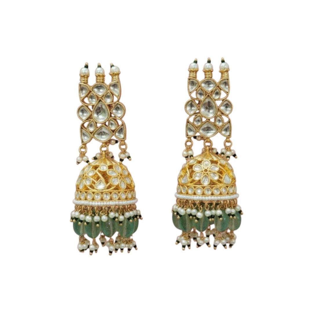 Gold-Plated Kundan Choker Necklace Set with Green Beads & Jhumka Earrings