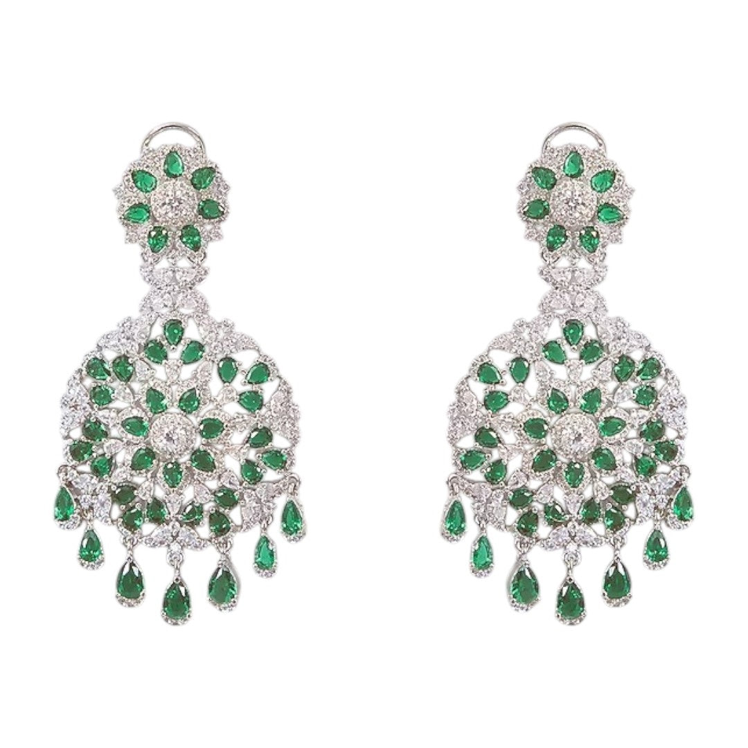 Luxury silver plated choker necklace set with emerald green stones and matching earrings