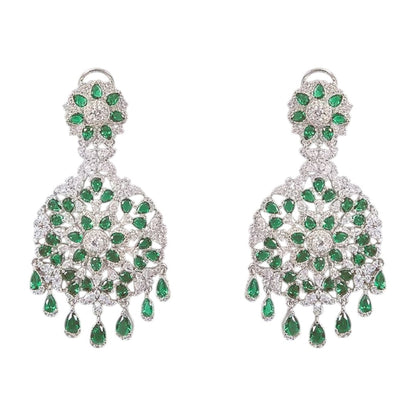 Luxury silver plated choker necklace set with emerald green stones and matching earrings