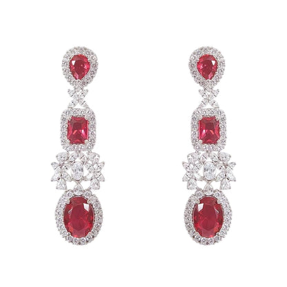 Silver-plated choker necklace set with ruby red stones and cubic zirconia diamonds, paired with matching long drop earrings for women