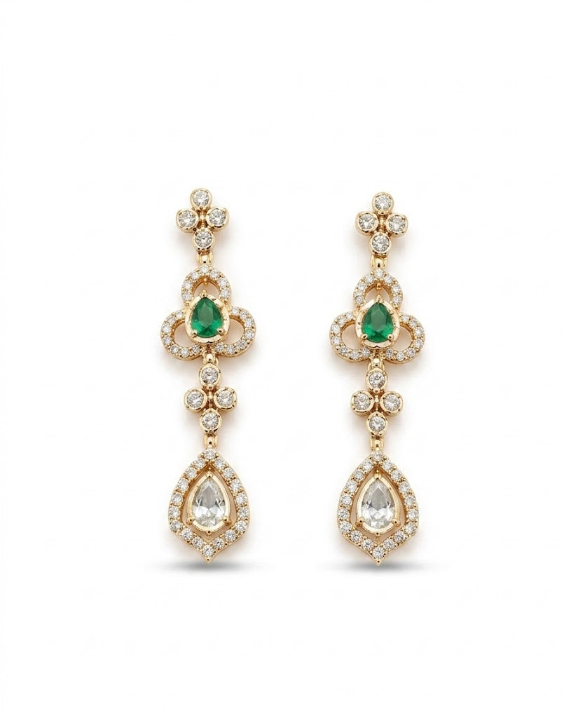 Gold-plated necklace set featuring green stones, American diamonds, floral motifs, and matching drop earrings for women.