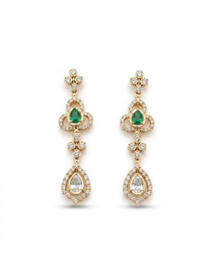 Gold-plated necklace set featuring green stones, American diamonds, floral motifs, and matching drop earrings for women.