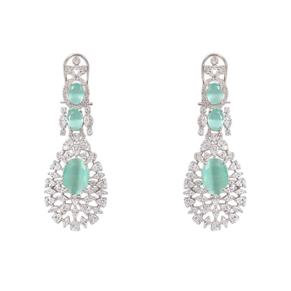 Silver-plated choker necklace set with mint green oval stones and CZ diamonds, featuring matching drop earrings for women