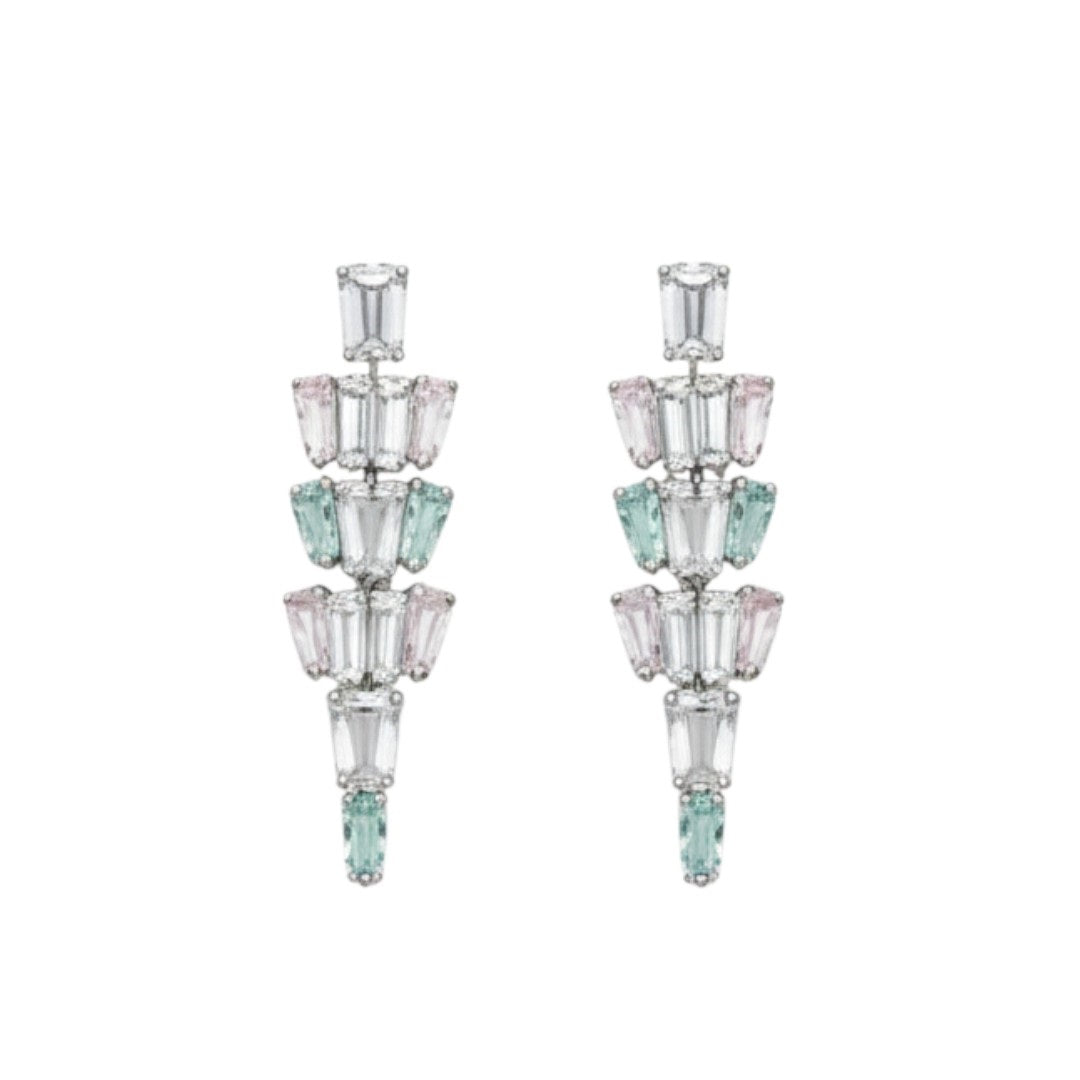 Elegant American Diamond necklace set displayed on a red velvet stand, featuring a double-layered V-shaped necklace with matching earrings, perfect for bridal or party wear.