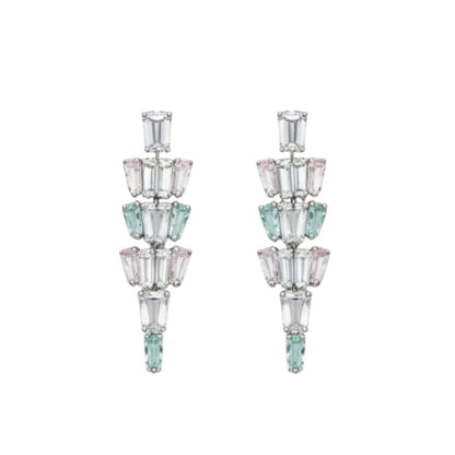 Elegant American Diamond necklace set displayed on a red velvet stand, featuring a double-layered V-shaped necklace with matching earrings, perfect for bridal or party wear.