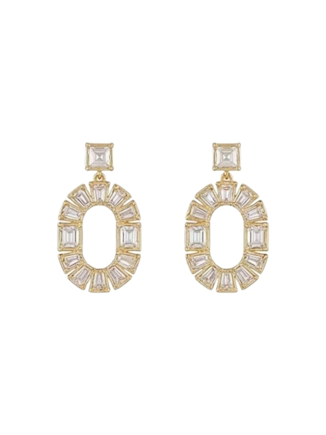 Gold-plated geometric crystal statement necklace set with matching oval drop earrings featuring baguette-cut stones for women.
