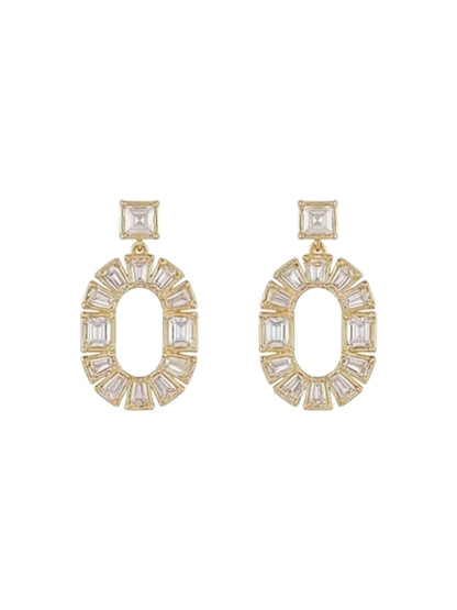 Gold-plated geometric crystal statement necklace set with matching oval drop earrings featuring baguette-cut stones for women.