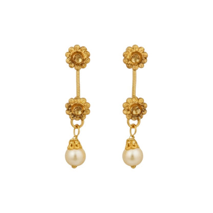 Traditional gold-plated necklace set with floral motifs and matching earrings displayed on red stand