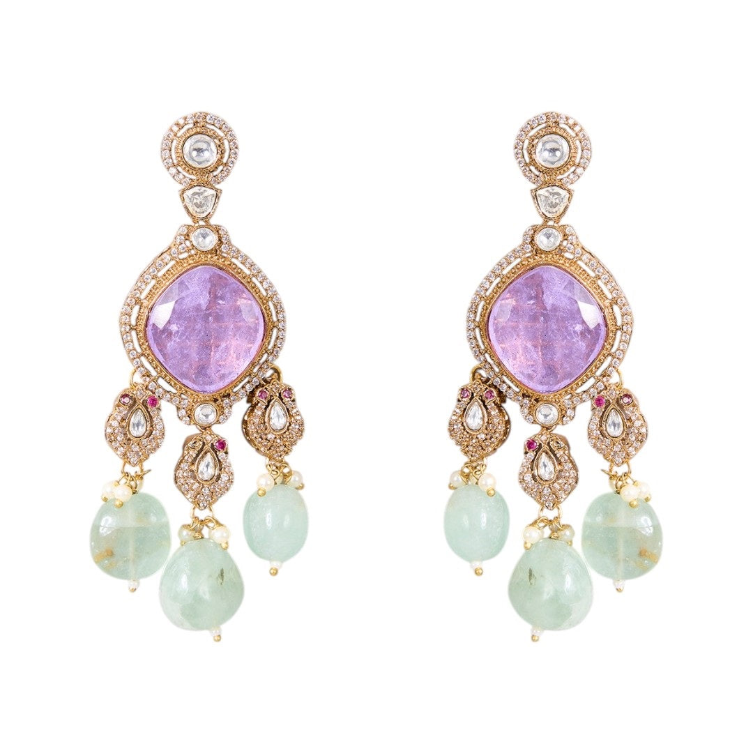 Lavender Stone and Mint Green Beaded Kundan Choker Necklace Set with Earrings