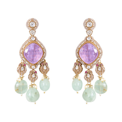 Lavender Stone and Mint Green Beaded Kundan Choker Necklace Set with Earrings