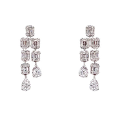 “Elegant silver-tone layered diamond necklace set with matching drop earrings for women”