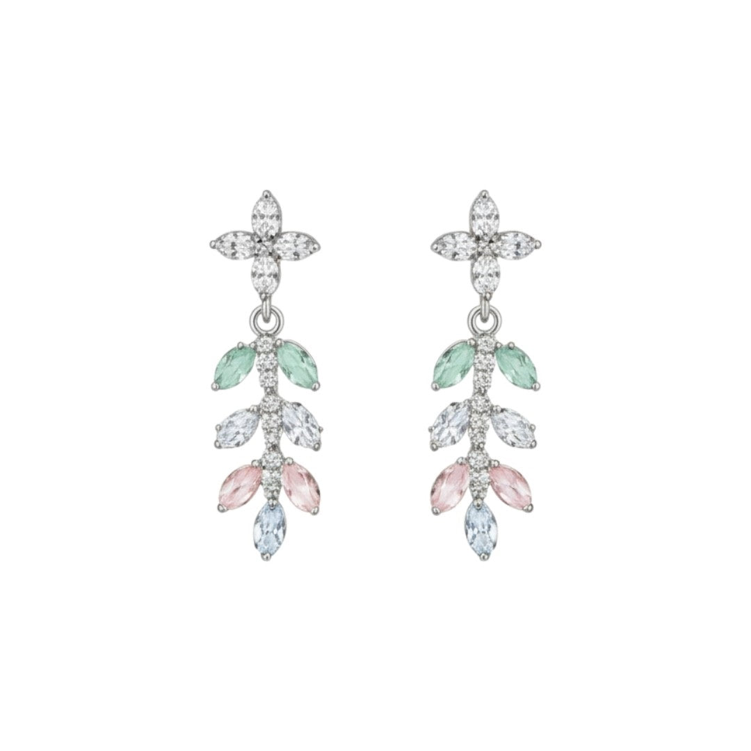 Elegant leaf design American diamond necklace with green stone detailing and matching earrings on red velvet display stand