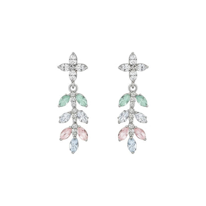 Elegant leaf design American diamond necklace with green stone detailing and matching earrings on red velvet display stand