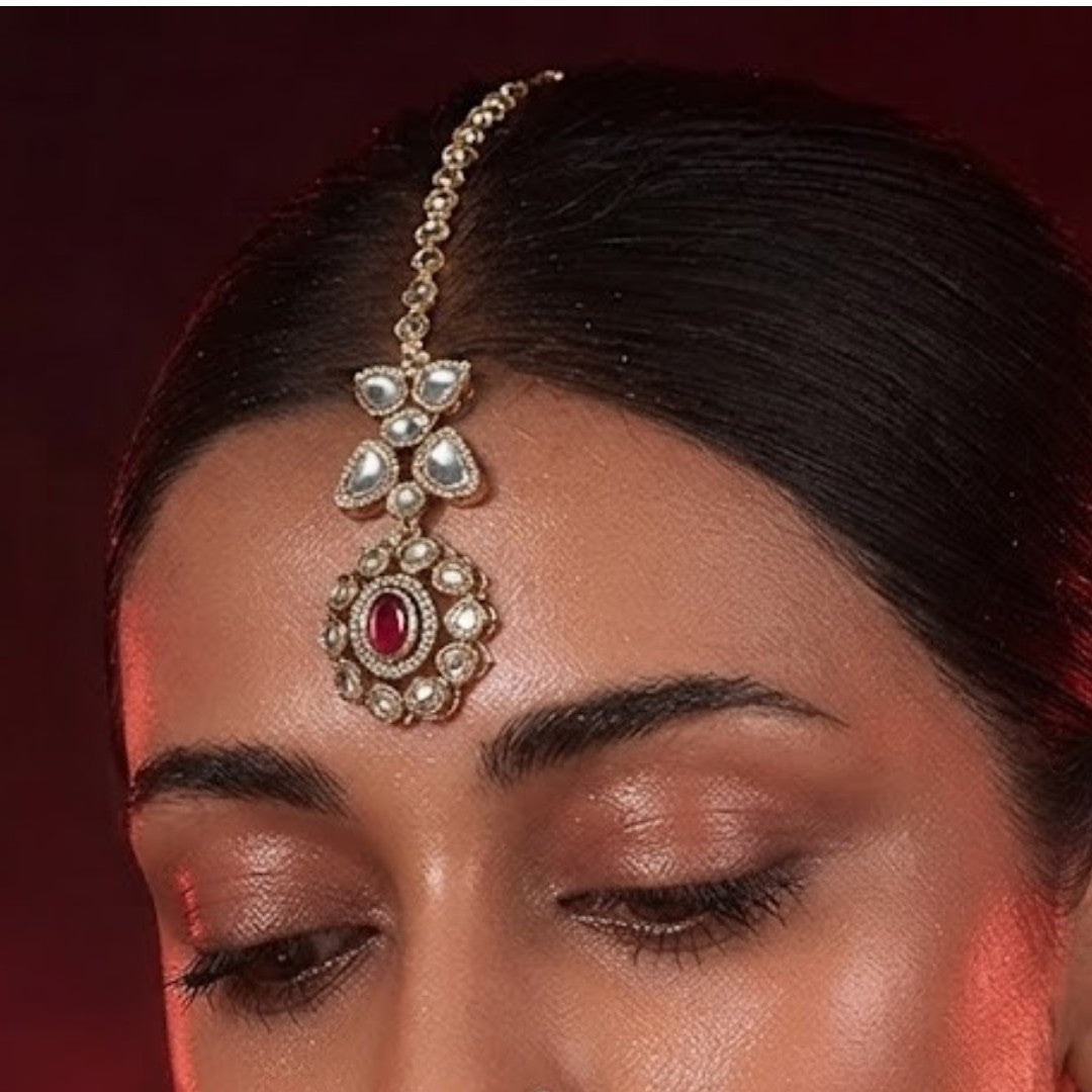 Kundan Polki Maang Tikka with Ruby Drop