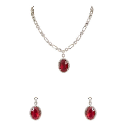 Silver plated American Diamond necklace set with ruby red oval pendant and matching drop earrings