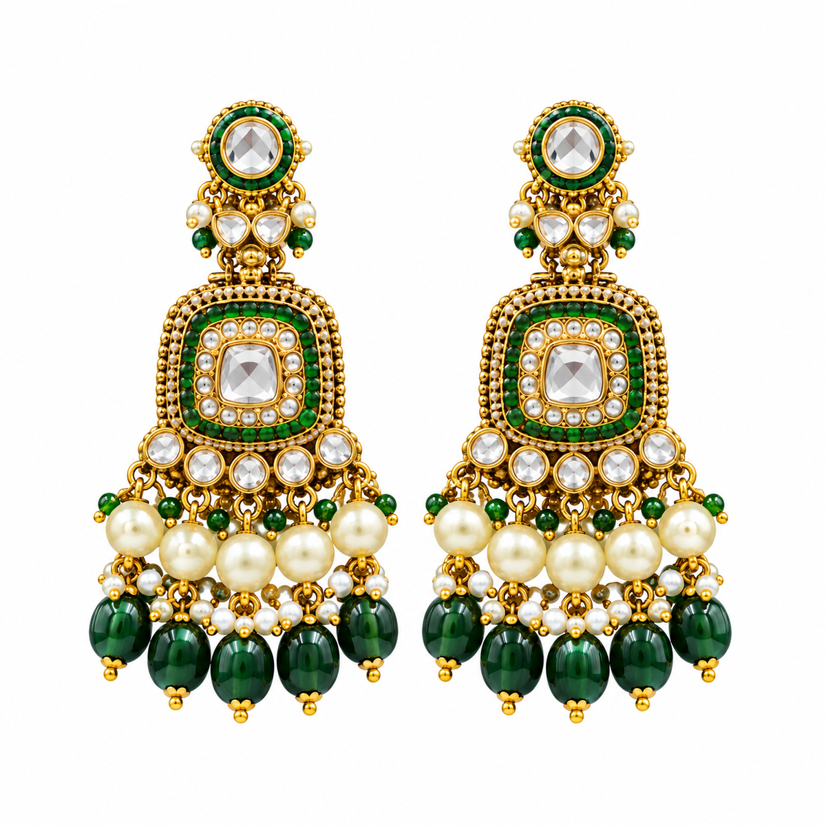 Gold kundan choker necklace set with green meenakari motifs, pearl and green bead drops and matching chandelier earrings on brown bust