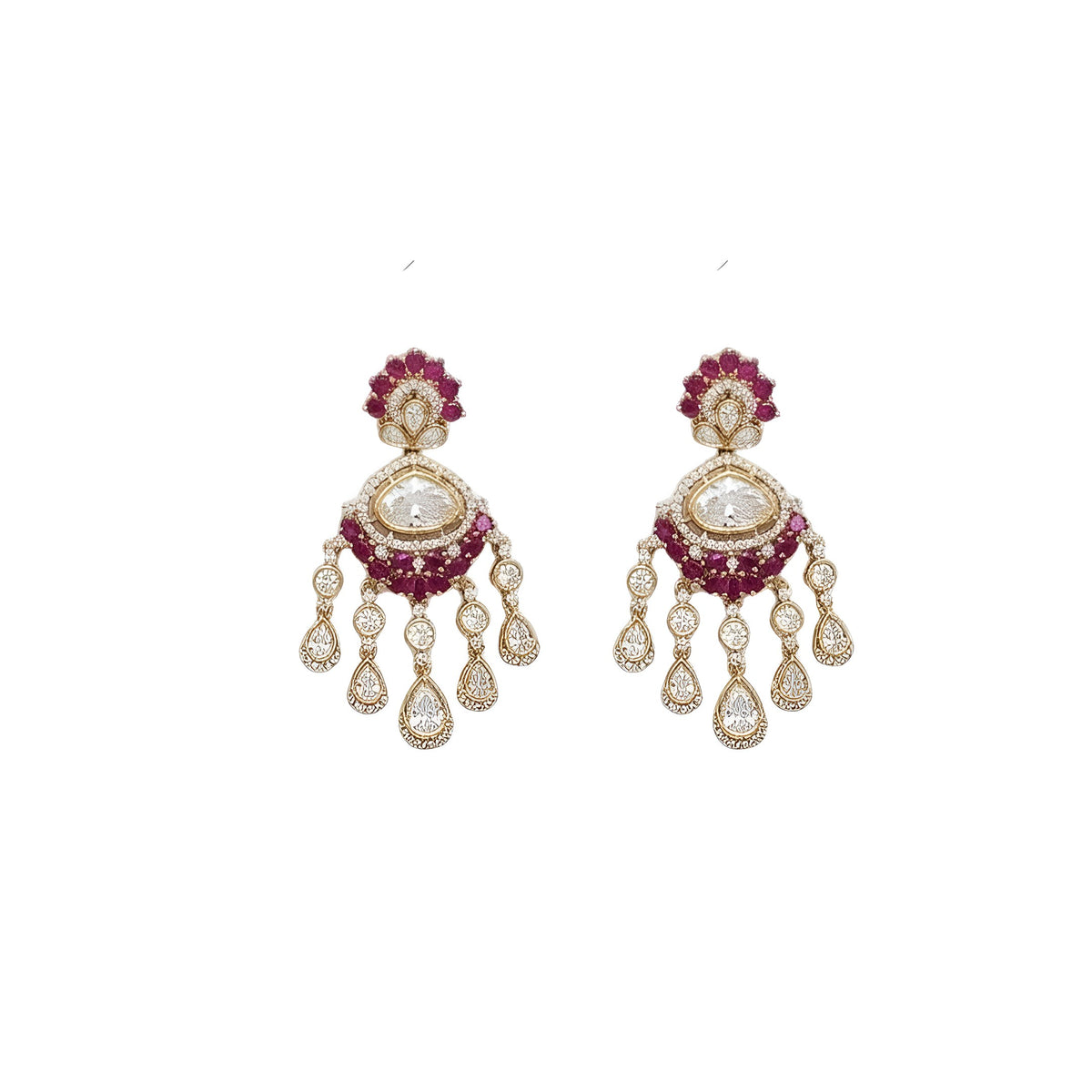 Gold kundan polki ruby red bridal choker necklace set with teardrop fringe and matching chandelier earrings by Auraa Trends