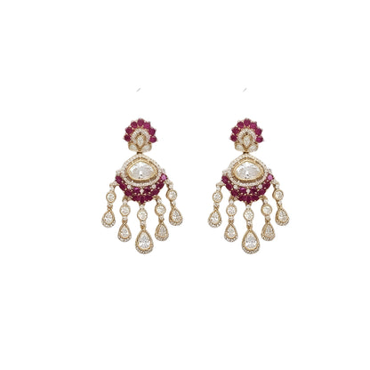 Gold kundan polki ruby red bridal choker necklace set with teardrop fringe and matching chandelier earrings by Auraa Trends