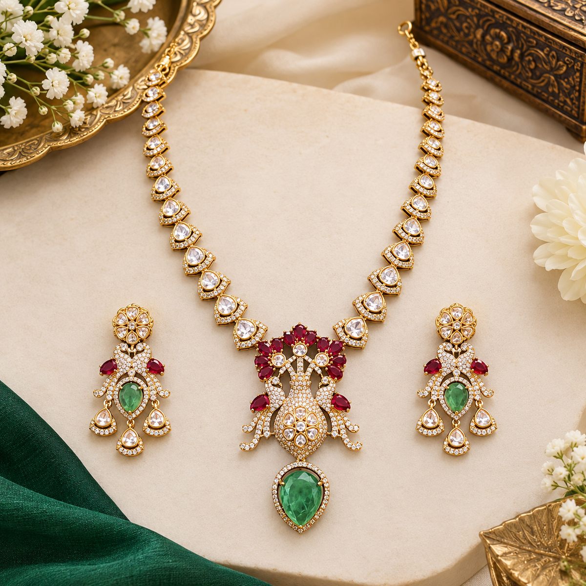 Gold-finish peacock pendant necklace set with ruby-pink stones, carved green drop and matching earrings by Auraa Trends