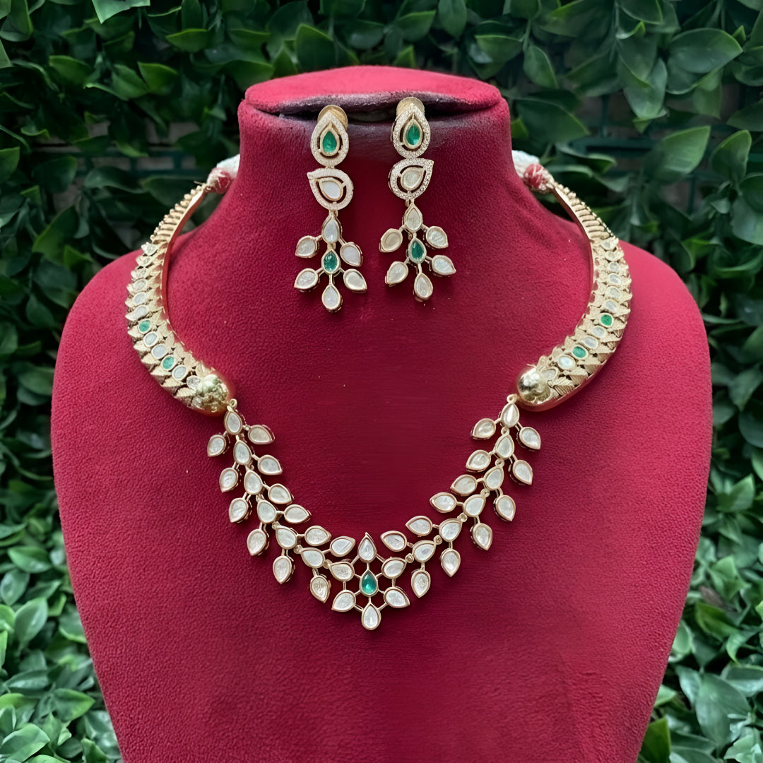 Elegant Kundan Polki Necklace Set with Green Stones & Pearl Tassel – Bridal Traditional Jewellery