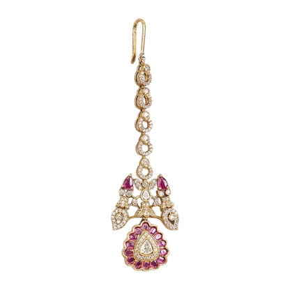 Gold finish American diamond maang tikka with ruby pink oval stone medallion, clear pear centre stone, zircon teardrop chain and ruby pink pear accents – Auraa Trends