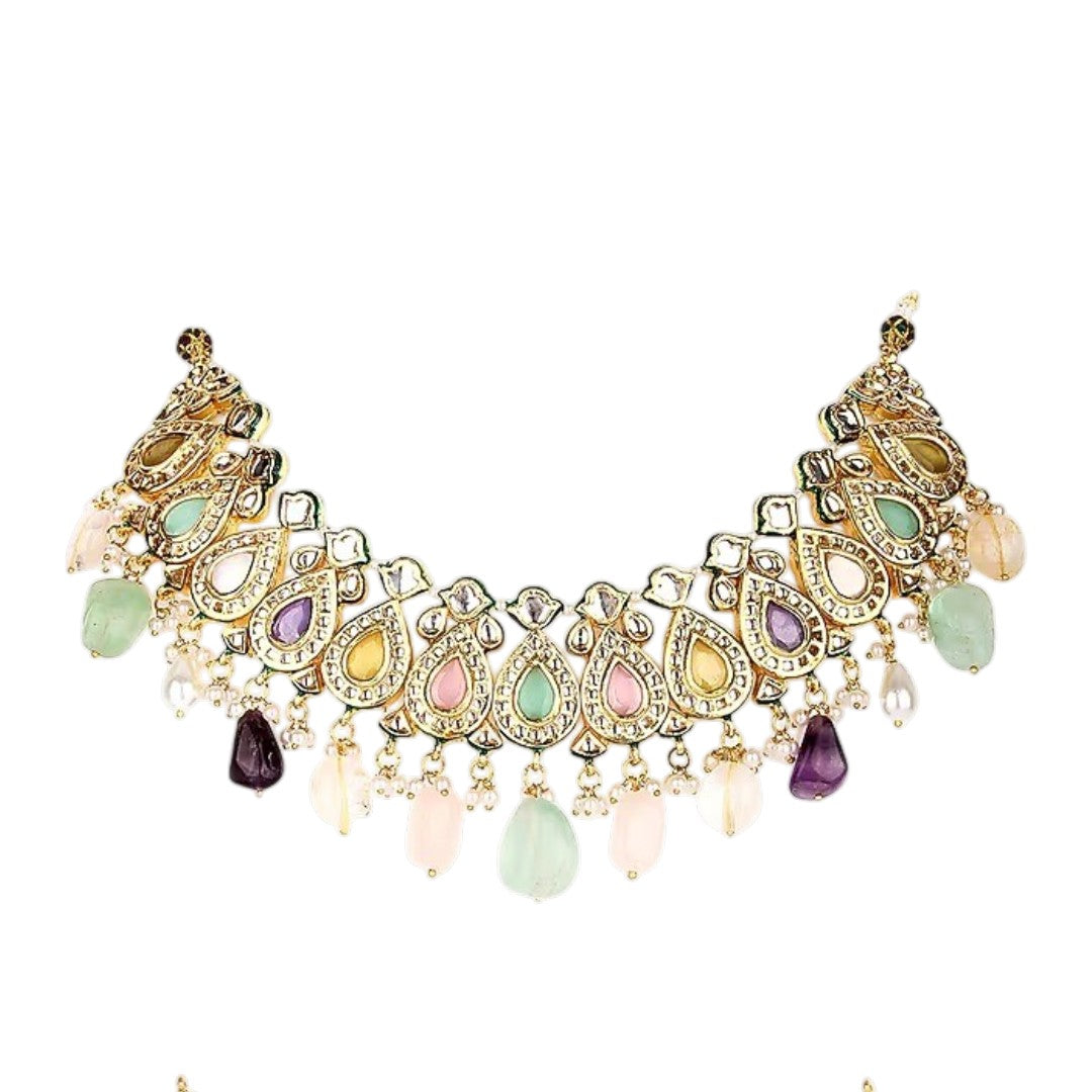 Multicolour kundan choker necklace set with gemstone drops and matching drop earrings
