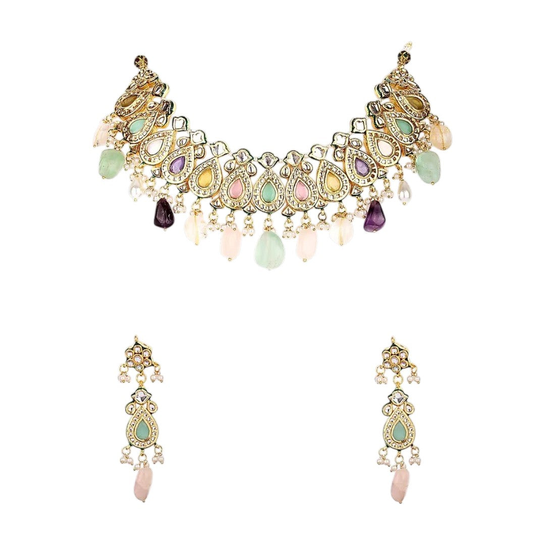 Multicolour kundan choker necklace set with gemstone drops and matching drop earrings