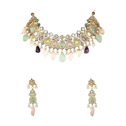 Multicolour kundan choker necklace set with gemstone drops and matching drop earrings