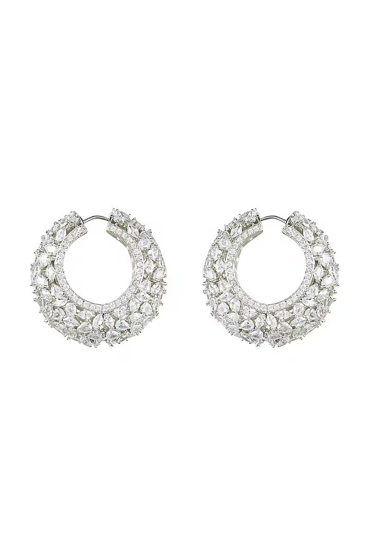 Rhodium-plated American diamond huggie hoop earrings with pear and marquise cut zircon stones and pavé edge
