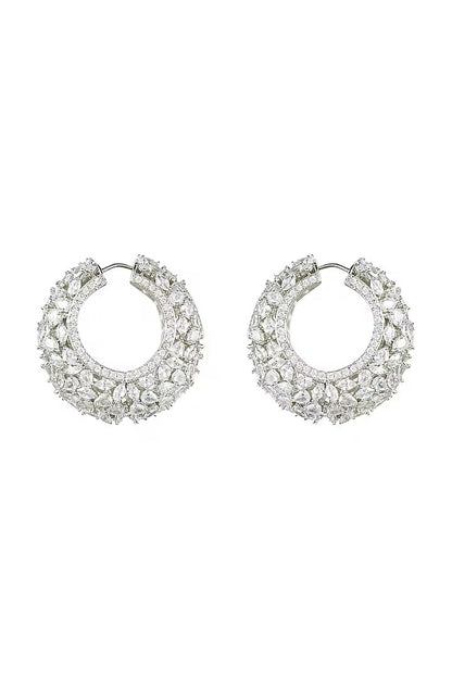 Rhodium-plated American diamond huggie hoop earrings with pear and marquise cut zircon stones and pavé edge