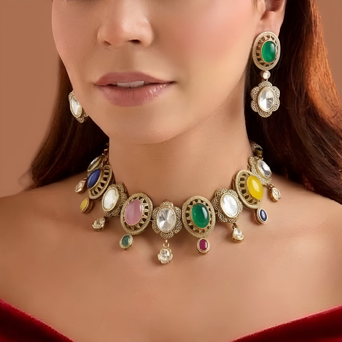 Antique gold plated Victorian multicolour choker necklace set with blue, pink, green and yellow oval stones and matching green drop earring