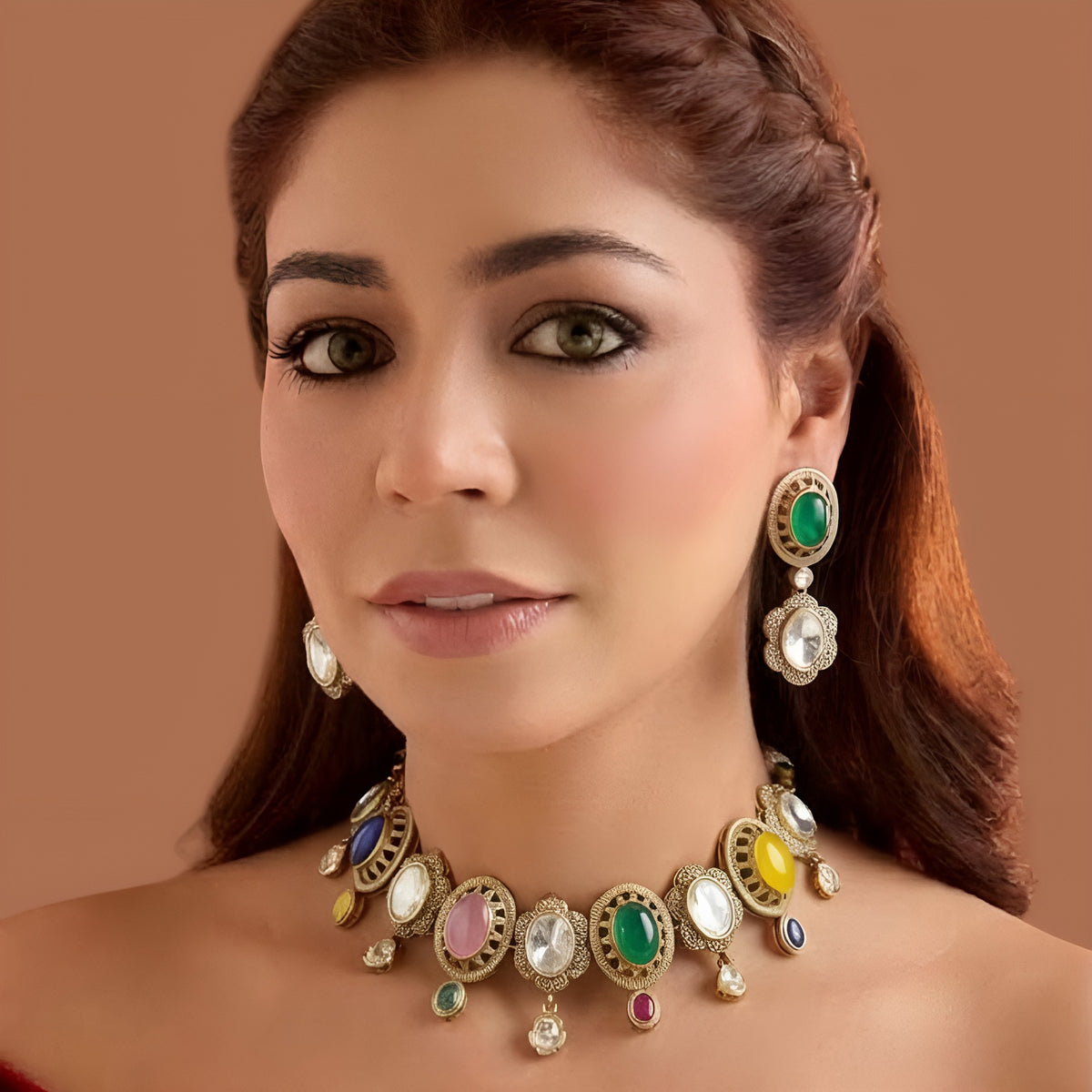 Antique gold plated Victorian multicolour choker necklace set with blue, pink, green and yellow oval stones and matching green drop earring