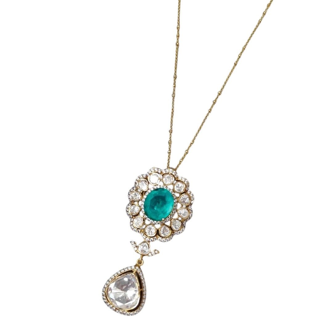 Elegant Emerald Green Stone Necklace Set with Earrings for Women - Auraa Trends - Necklace Set -  - Auraa Trends - "Model wearing elegant emerald green and diamond - style necklace set with matching drop earrings - perfect for weddings and festive occasions."