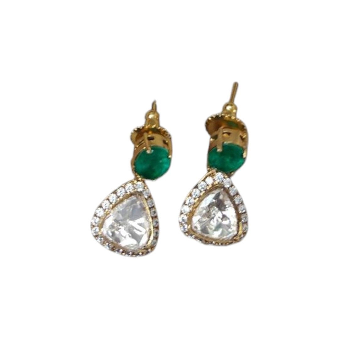Elegant Emerald Green Stone Necklace Set with Earrings for Women - Auraa Trends - Necklace Set -  - Auraa Trends - "Model wearing elegant emerald green and diamond - style necklace set with matching drop earrings - perfect for weddings and festive occasions."