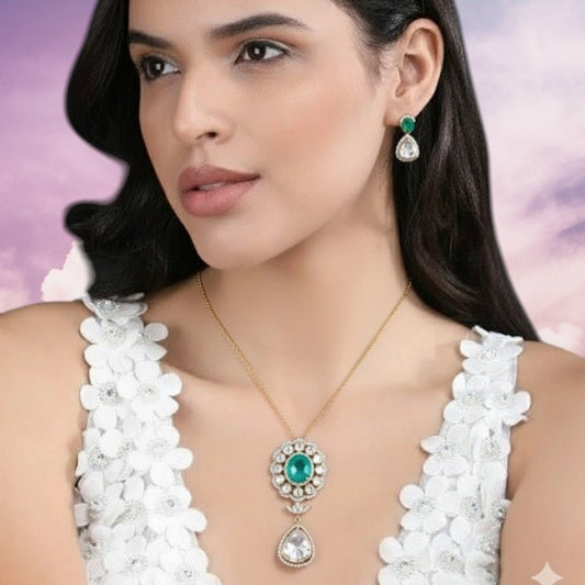 Elegant Emerald Green Stone Necklace Set with Earrings for Women - Auraa Trends - Necklace Set -  - Auraa Trends - "Model wearing elegant emerald green and diamond - style necklace set with matching drop earrings - perfect for weddings and festive occasions."