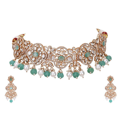 Elegant Gold & Green Pearl Choker Necklace & Earring Set - Auraa Trends - Choker - Shop Now Choker Necklace & Earring Set