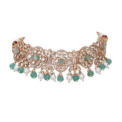 Elegant Gold & Green Pearl Choker Necklace & Earring Set - Auraa Trends - Choker - Shop Choker Necklace & Earring Set