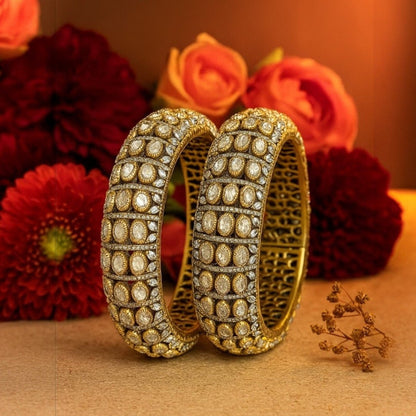 Elegant Gold - Plated Diamond - Style Bridal Bangle Set with Sparkling Stones - Auraa Trends - Bangles -  - Auraa Trends - Gold - plated bridal bangles with sparkling clear stones in a diamond - style pattern, perfect for weddings and special occasions.