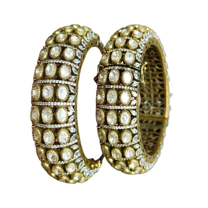 Elegant Gold - Plated Diamond - Style Bridal Bangle Set with Sparkling Stones - Auraa Trends - Bangles -  - Auraa Trends - Gold - plated bridal bangles with sparkling clear stones in a diamond - style pattern, perfect for weddings and special occasions.