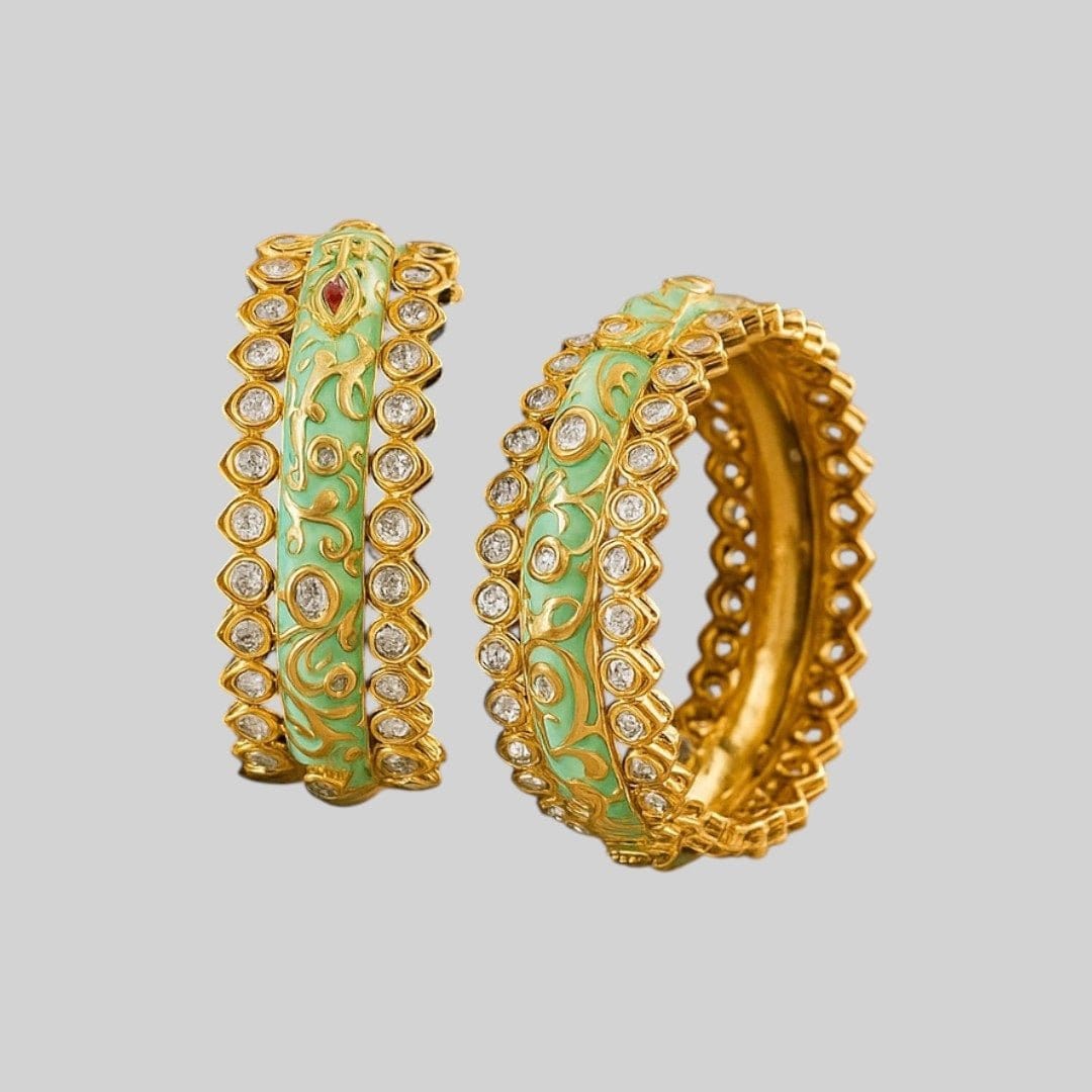 Elegant Gold - Plated Green Enamel Kundan Studded Bangles for Women - Auraa Trends - Bangles -  - Auraa Trends - "Gold - plated green enamel kundan bangles set for women with floral design – traditional Indian jewelry"