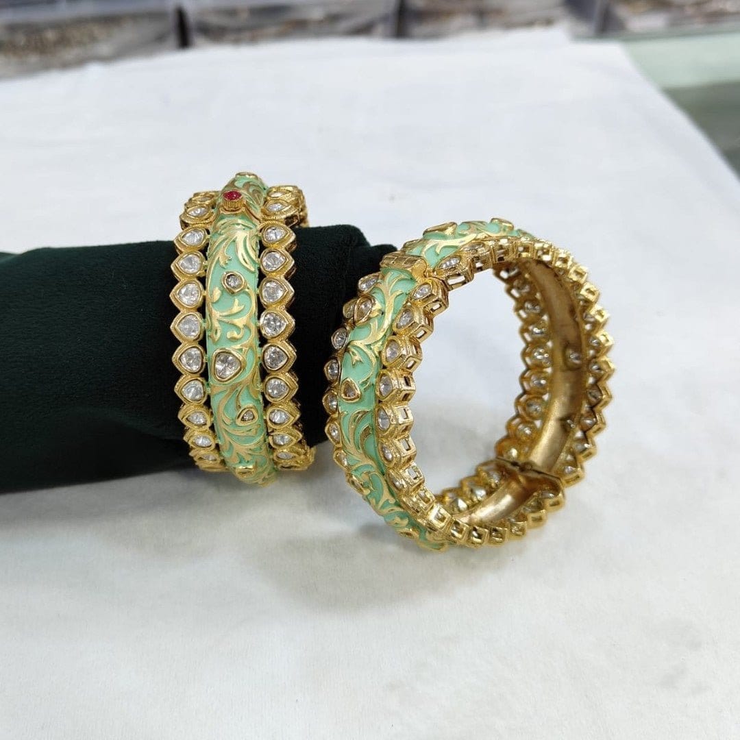Elegant Gold - Plated Green Enamel Kundan Studded Bangles for Women - Auraa Trends - Bangles -  - Auraa Trends - "Gold - plated green enamel kundan bangles set for women with floral design – traditional Indian jewelry"