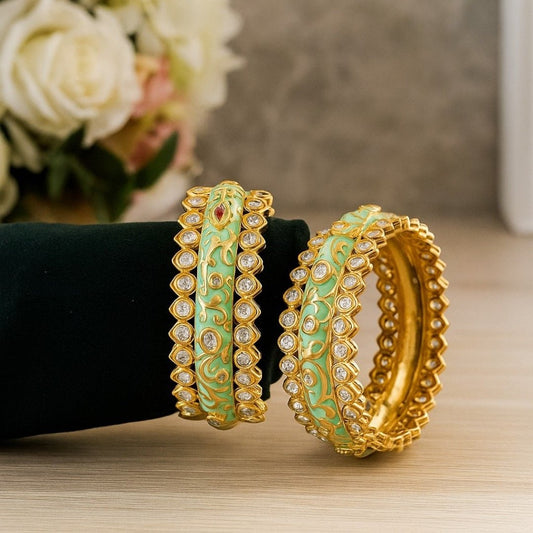 Elegant Gold - Plated Green Enamel Kundan Studded Bangles for Women - Auraa Trends - Bangles -  - Auraa Trends - "Gold - plated green enamel kundan bangles set for women with floral design – traditional Indian jewelry"