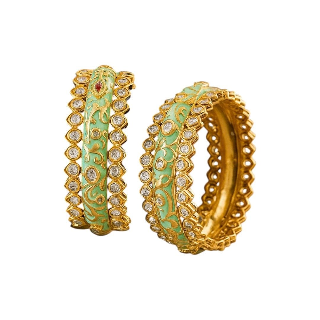Elegant Gold - Plated Green Enamel Kundan Studded Bangles for Women - Auraa Trends - Bangles -  - Auraa Trends - "Gold - plated green enamel kundan bangles set for women with floral design – traditional Indian jewelry"