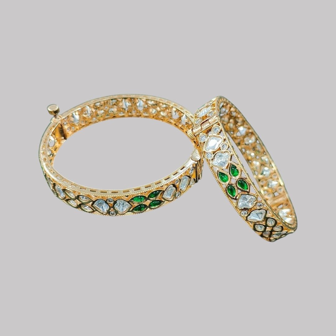Elegant Gold - Plated Green & White Kundan Bangles - Auraa Trends - Bangles -  - Auraa Trends - Elegant Gold - Plated Green & White Kundan Bangles