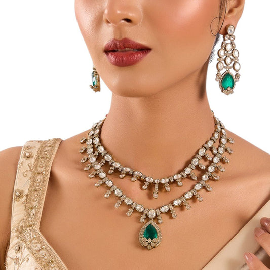 Elegant green and pearl necklace with matching earrings by Auraa Trends – bridal jewelry, festive occasions, ships worldwide