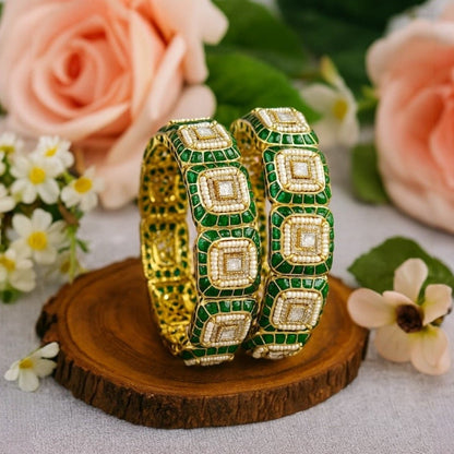 Elegant Green and White Enamel Kundan Bracelet Set with Square Shaped Stones - Auraa Trends - Bangles -  - Auraa Trends - Elegant Green and White Enamel Kundan Bracelet Set with Square Shaped Stones