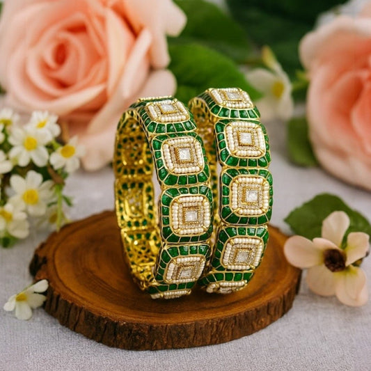 Elegant Green and White Enamel Kundan Bracelet Set with Square Shaped Stones - Auraa Trends - Bangles -  - Auraa Trends - Elegant Green and White Enamel Kundan Bracelet Set with Square Shaped Stones