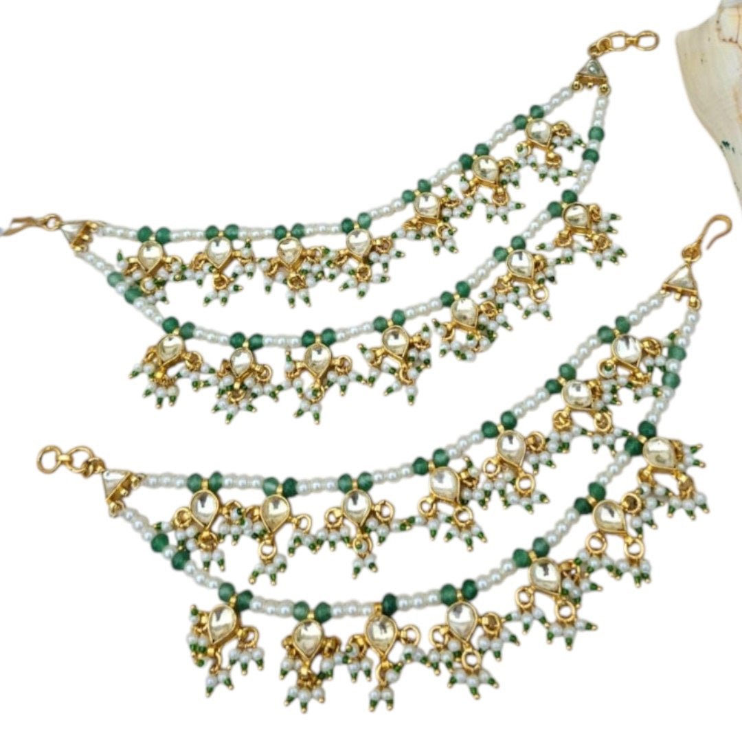 Elegant Green Kundan Pearl Multi - Layer Kaan Chain - Auraa Trends - Kaan chain -  - Auraa Trends - Elegant Green Kundan Pearl Multi - Layer Kaan Chain